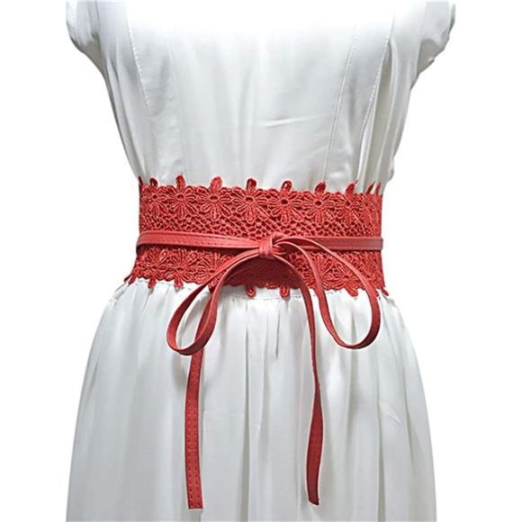 Women's Lace-Flower Waist Belt Bow Tie Wrap Around Soft Leather